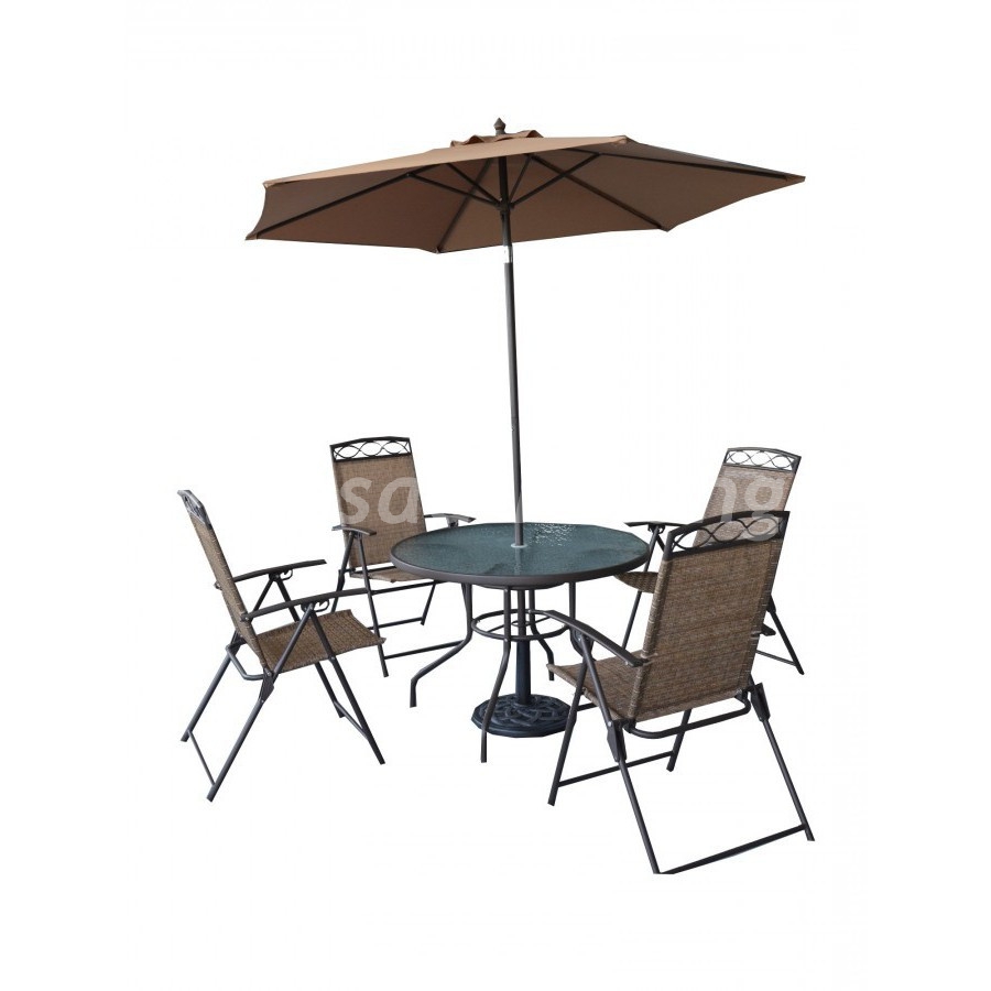 Комплект мебели со складным зонтом (Индонезия), размер Стул: ширина - 65 см, глубина - 57 см, высота - 70 см <br/> Стол: диаметр - 100 см